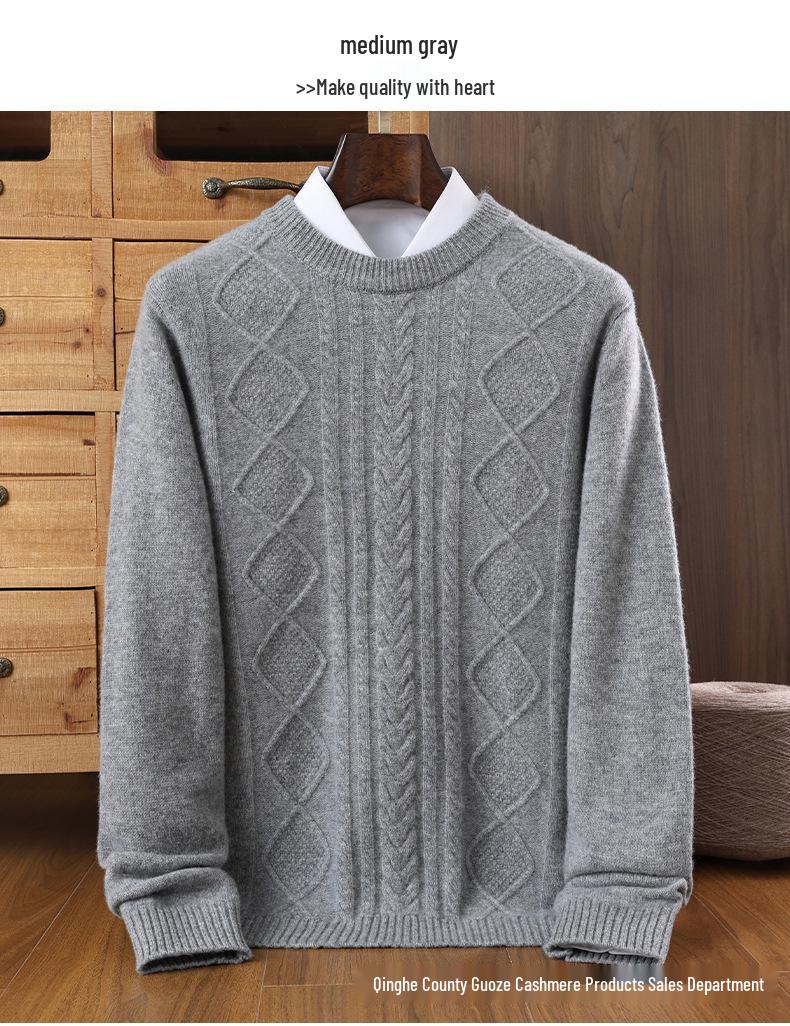 Men s Casual Wool Jacquard Sweater - Round Neck, Thick, Warm Mid Gray
