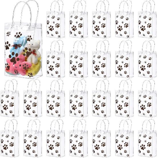 Shinylin 22 Pcs Dog Paw Clear PVC Gift Bags with Handle Dog Claws Plastic Wrap Tote Bags Reusable Transparent Dog Treat Bags for Birthday Wedding