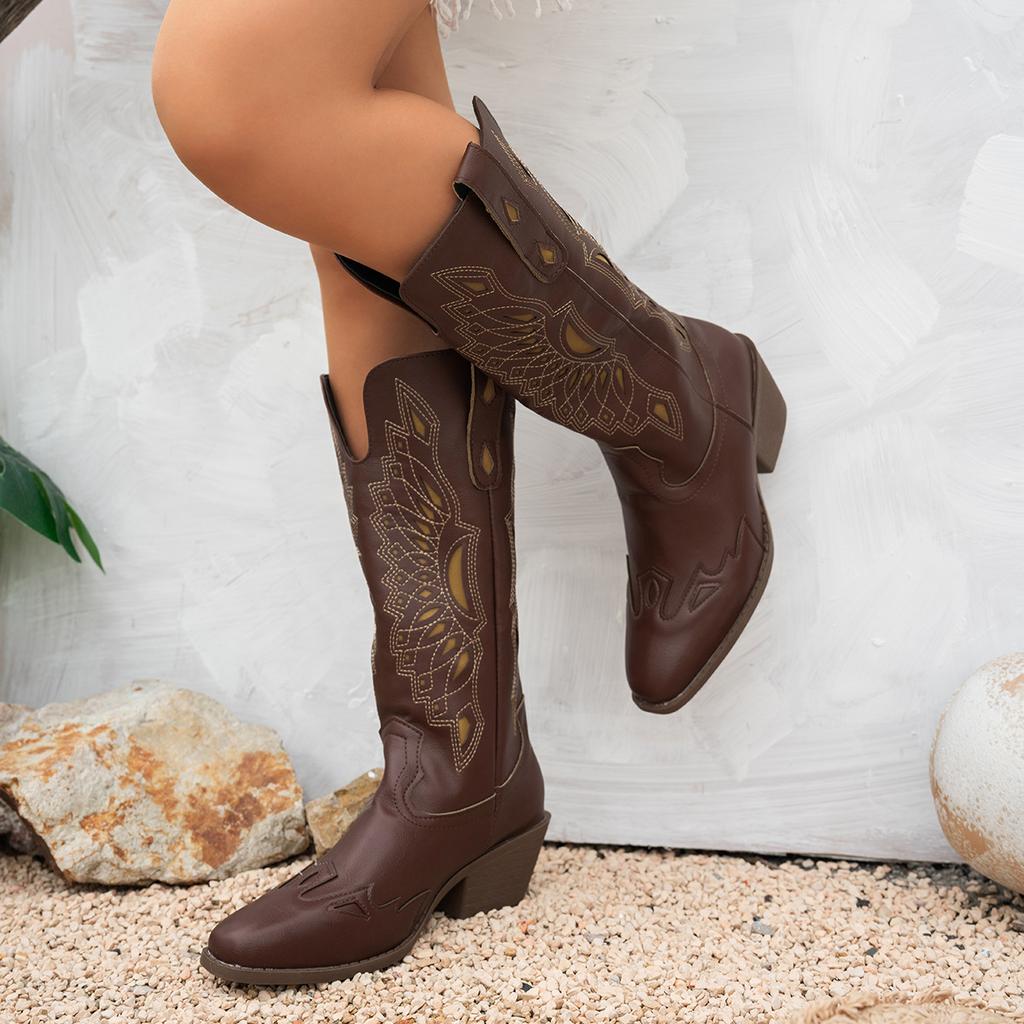 Large size retro hollow color matching western cowboy boots women's Maillard 0000 new tall thick heel knight boots