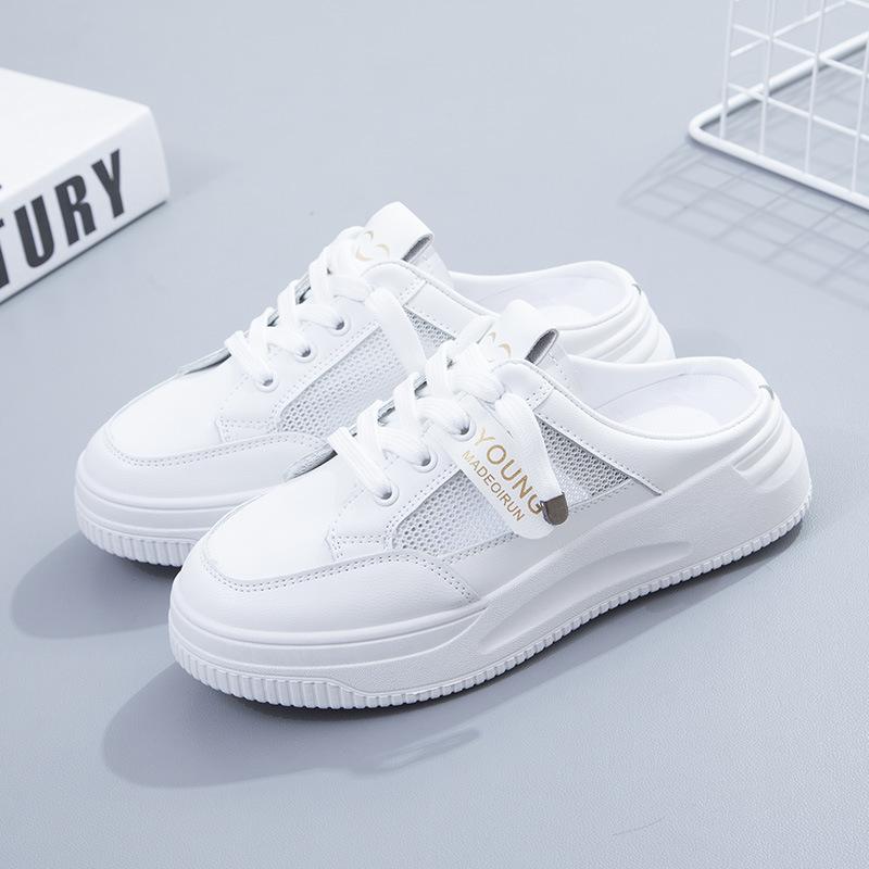 

Ленивые крутые тапочки без каблука, летняя дышащая обувь для улицы на толстой подошве, полутапочки на один педаль, сетчатые белые туфли женские 35 белый