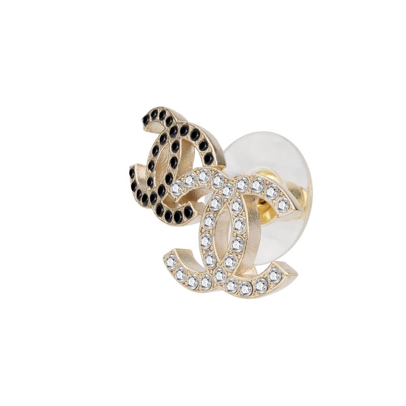 CHANEL Rhinestone Double LOGO Gold Metal Stud Earrings Women's Style