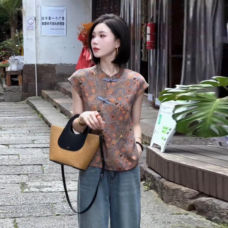 Womens Multicolor Qipao Blouse Casual Mandarin Collar Frog Button Traditional Pattern Cap Sleeve Top
