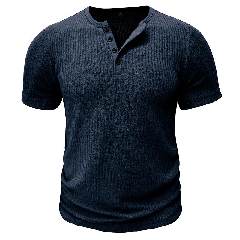 Pánské tričko Henley slim fit: Evropský a americký sportovní styl, Žebrovaný, Elastický, Krátký rukáv, Jednobarevný