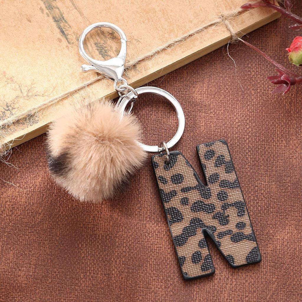 Western Cowboy Leopard Print Leather Keychain with Acrylic Letter and Plush Ball Accessories