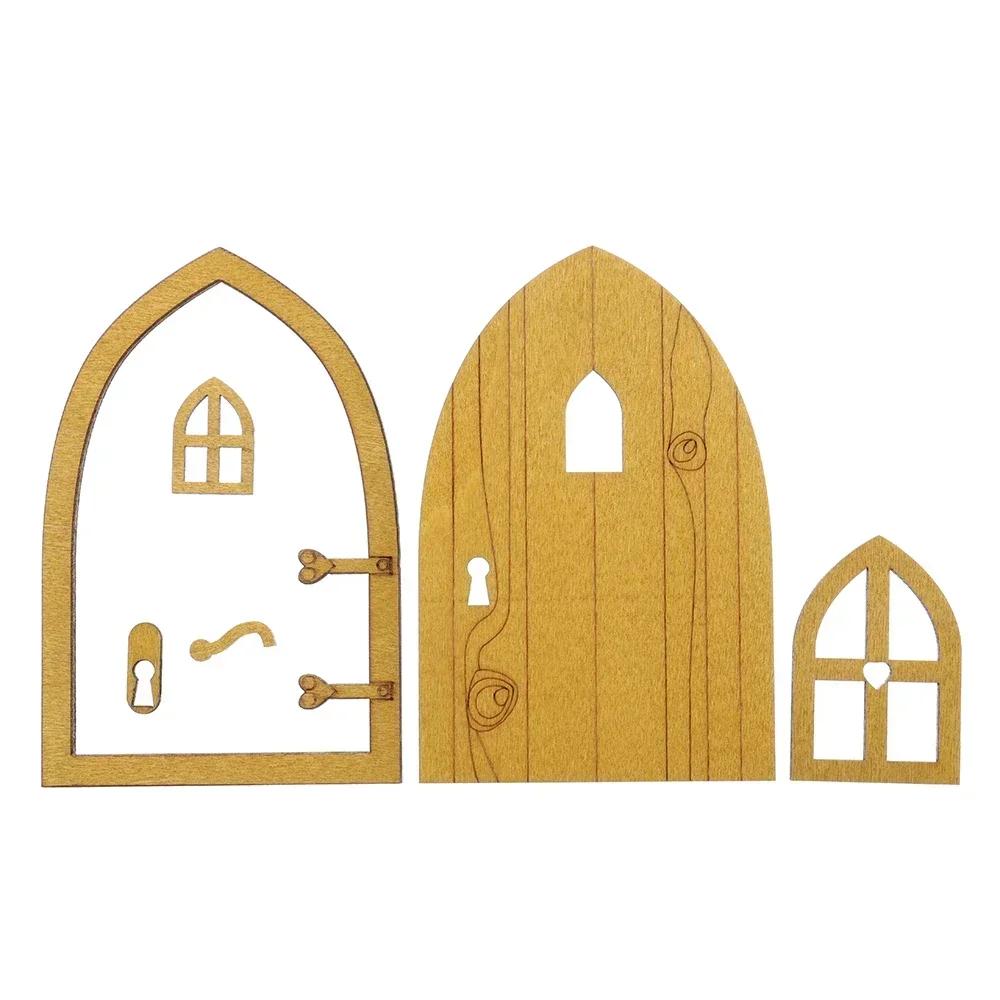 Graverad Design Trä Miniatyr Älva Tomte Älvdörr Fönster Dörr Figurer Gräsmatta Prydnad Trädgårdsdekoration Utomhus Barnpresent