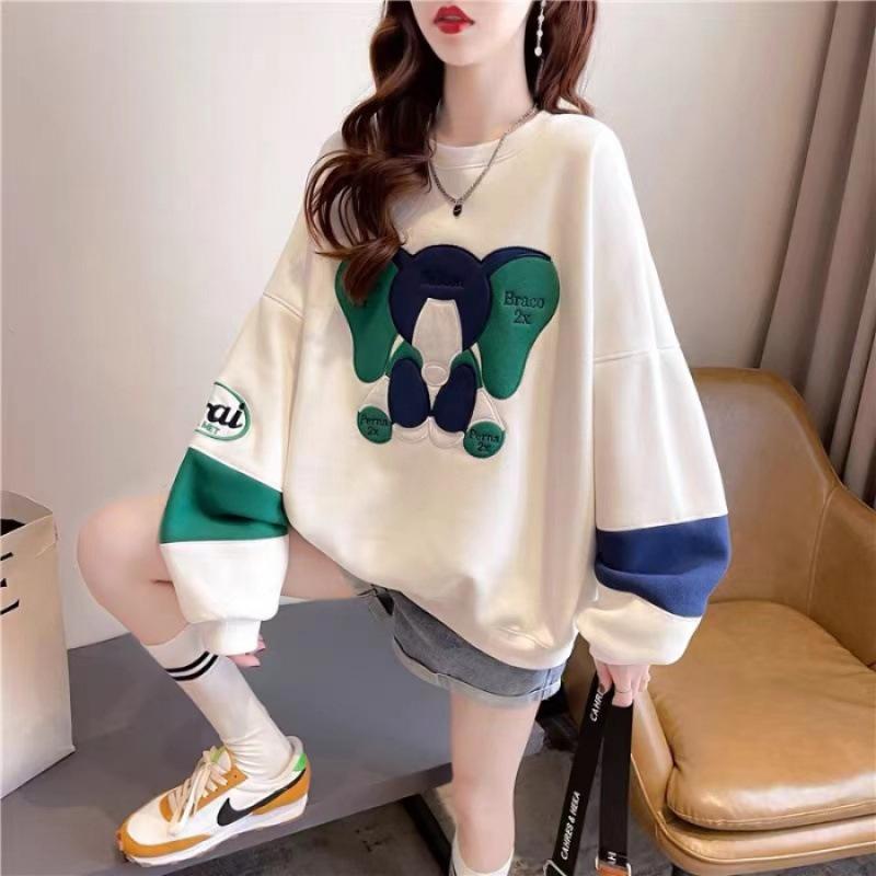 

Толстовка женская с дизайном медведя, бархатная утолщенная, осенне-зимняя, свободного кроя, для полных, тонкая, топ на весну и осень M белый