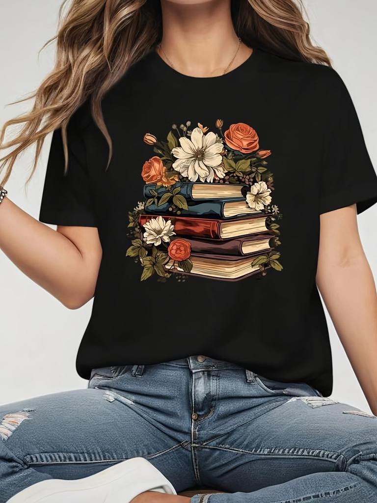 Floral Bookstack T-Shirt Academic Aesthetic Graphic Tee