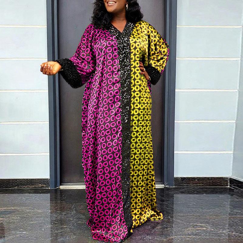 Oversized Women V Neck Batwing Sleeve Floral Print Casual Baggy Maxi Bohemia Dress