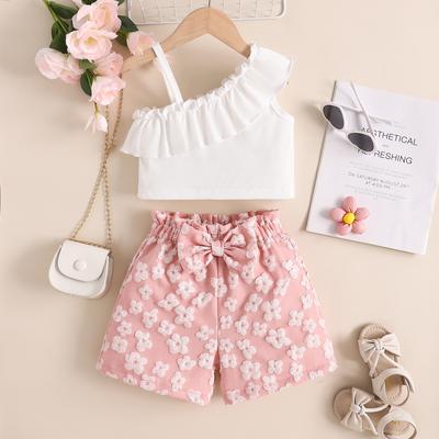 Süßer Sommer-Kinderanzug für Mädchen, Rüschen-Einteiler-Neckholder-Top, Rosa bedruckte Shorts Zweiteiler-Set