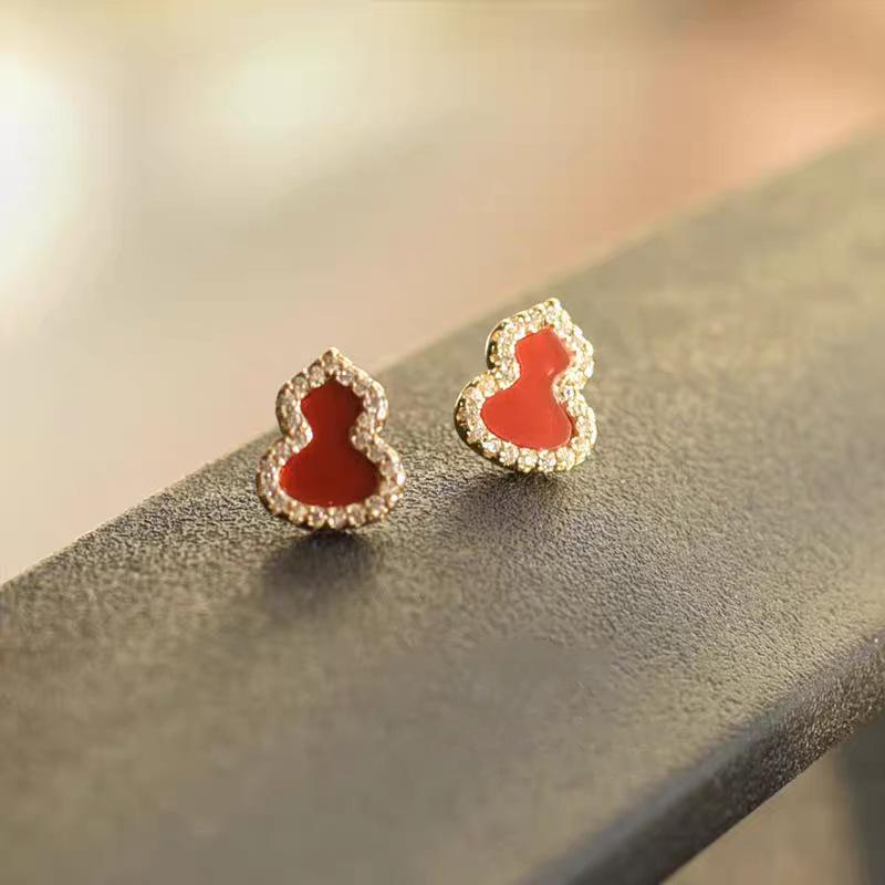 S925 Sterling Silver Qilin Gourd Earrings: Chinese Style with Agate and Mother-of-Pearl for Women 925 Sterling Silver