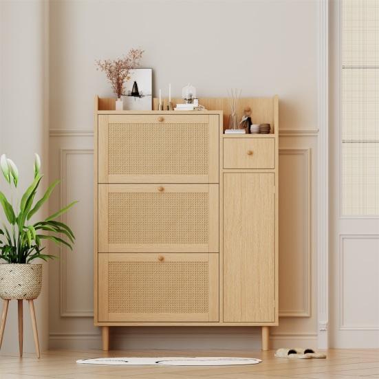 Free Standing Shoe Cabinet with 3 Tilt Doors 1 Drawer Wood Handles Solid Legs Space Saving No Burrs Small Closed Style Shoe Organizer Furniture