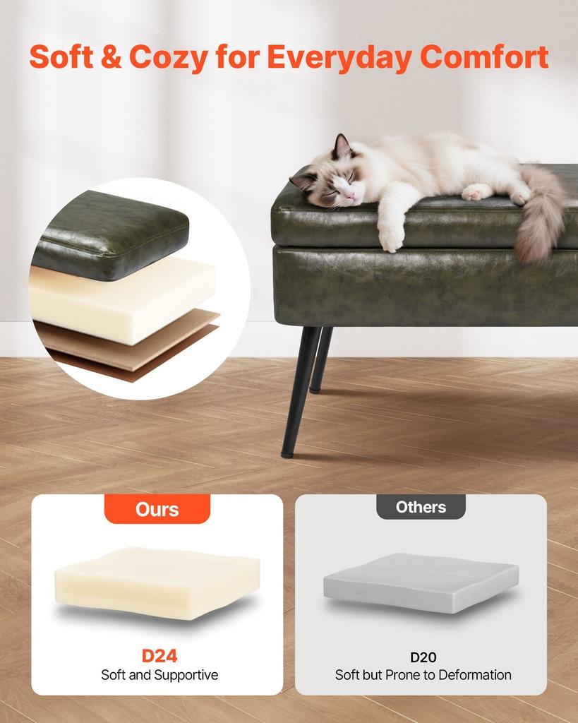 Leather Storage Ottoman Bench, PU Leather Bench with Storage and Metal Legs, Modern Shoe Benches Seat for Entryway, Upholstered End of Bed Benches for