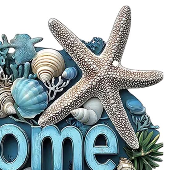Summer Beach Welcome Door Sign Coastal Starfish Shell Door Hanger Rustic Wooden Hanging Sign for Front Door Lake House Porch Home Decor