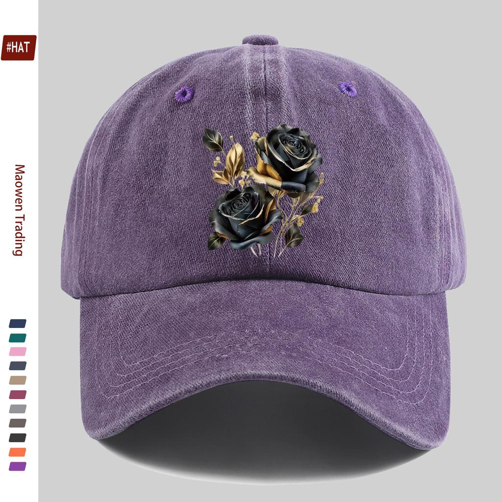 pc Black Rose Golden Leaf Pattern Print Baseball Cap Casual Style Decorative Hat Comfortable and Lightweight Sun Hat with Adj