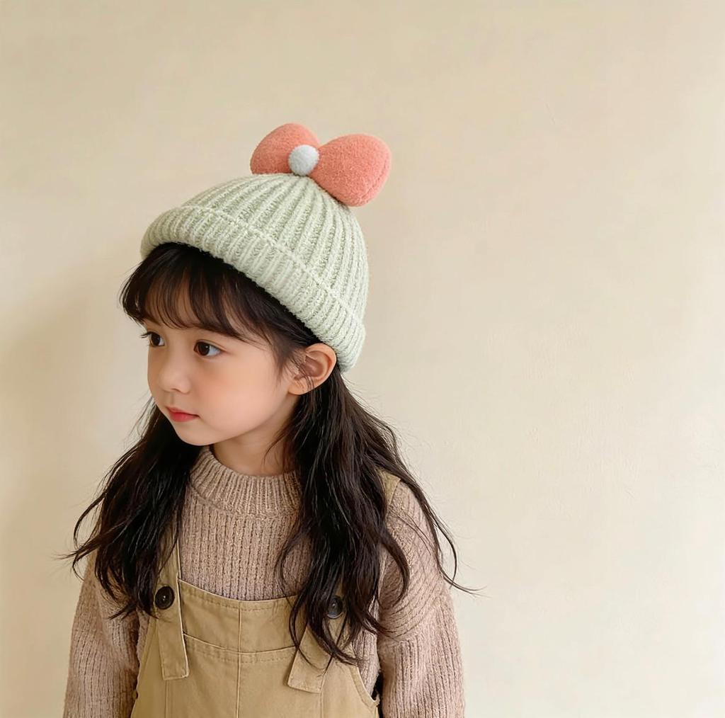 Children's Wool Hat with Bowknot - Warm Knit Cartoon Pullover for Baby and Toddler 