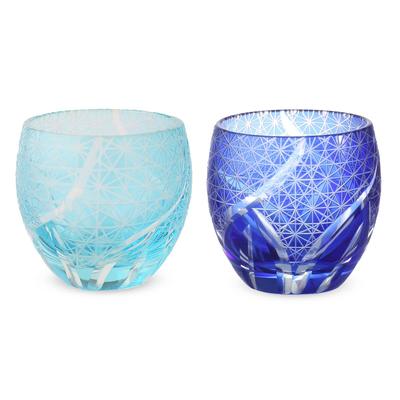 Retro Cut Glass Pair Sake Ranbori Komon Aqua Hanasho Current Model J-kitchens Egg-Shaped Cups, 5.5×5.9cm, 100cc, Pattern, & Blue,