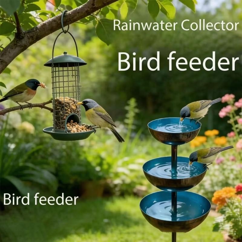 Metal Bird Bath Stake with Three Bowls for Garden Use, Rainwater Water Rest for Birds and Butterflies on Open Lawn