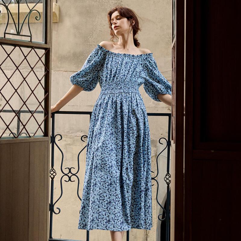 ELLE Women s Retro Floral Puff Sleeve A-Line Midi Dress M