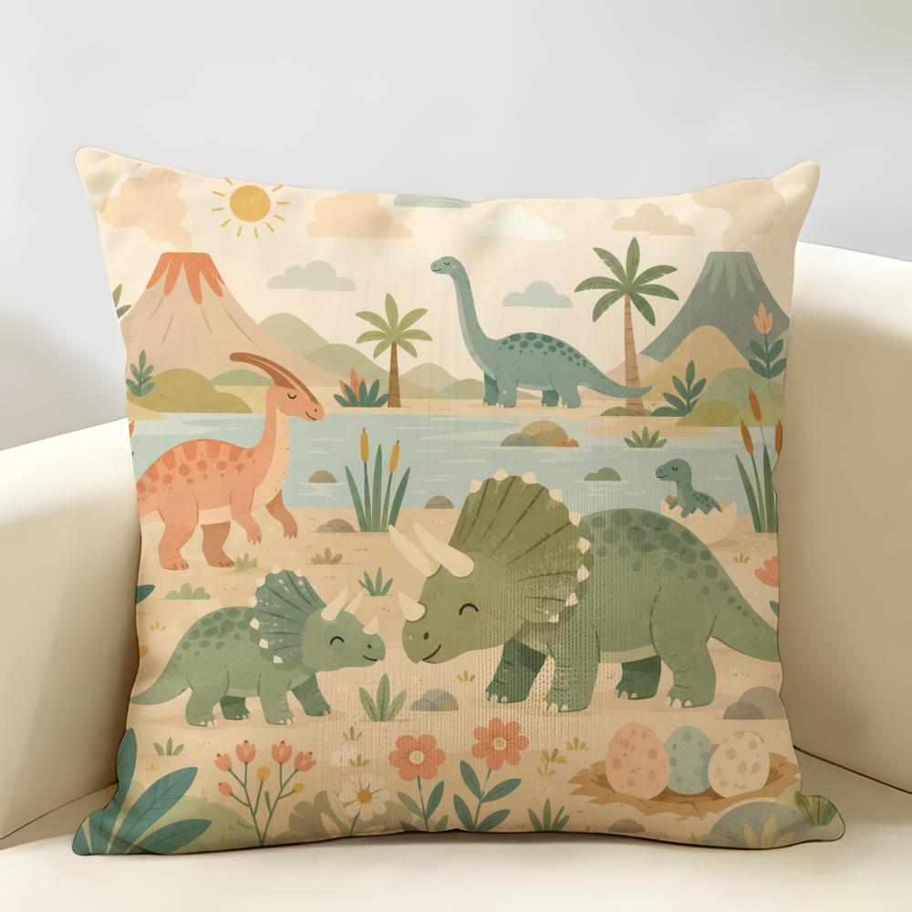 Dinosaur Retro Dino Cushion Cover Natural Linen Organic Fabric Double-Sided Printing Breathable Perfect For Home Decor