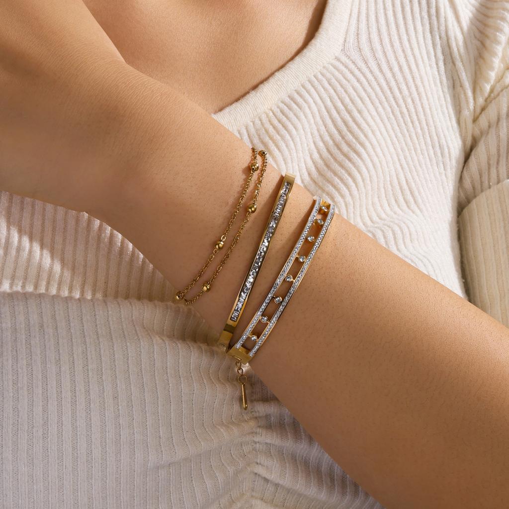 Htpwe Stainless Steel Glossy Zirconium Round Bead Combination Bracelet Set Women Plated 18k Couple Holiday Gift Bracelet Zircon