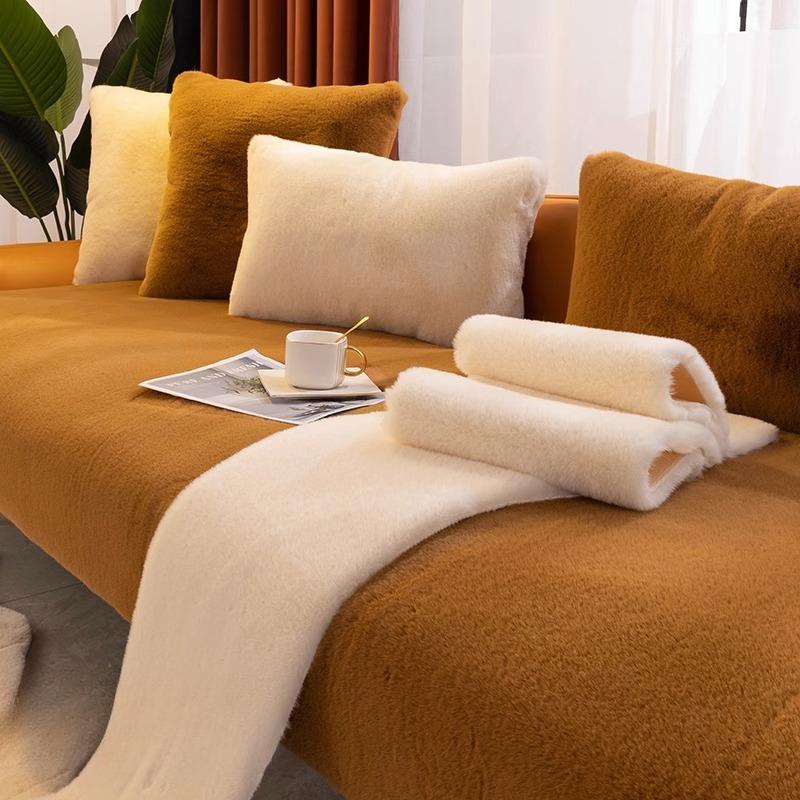 Rabbit Plush Sofa Cushion Winter Light Luxury Modern Simple Non-Slip High-End Thickening Cushion Leather Sofa Cover Cover Cloth