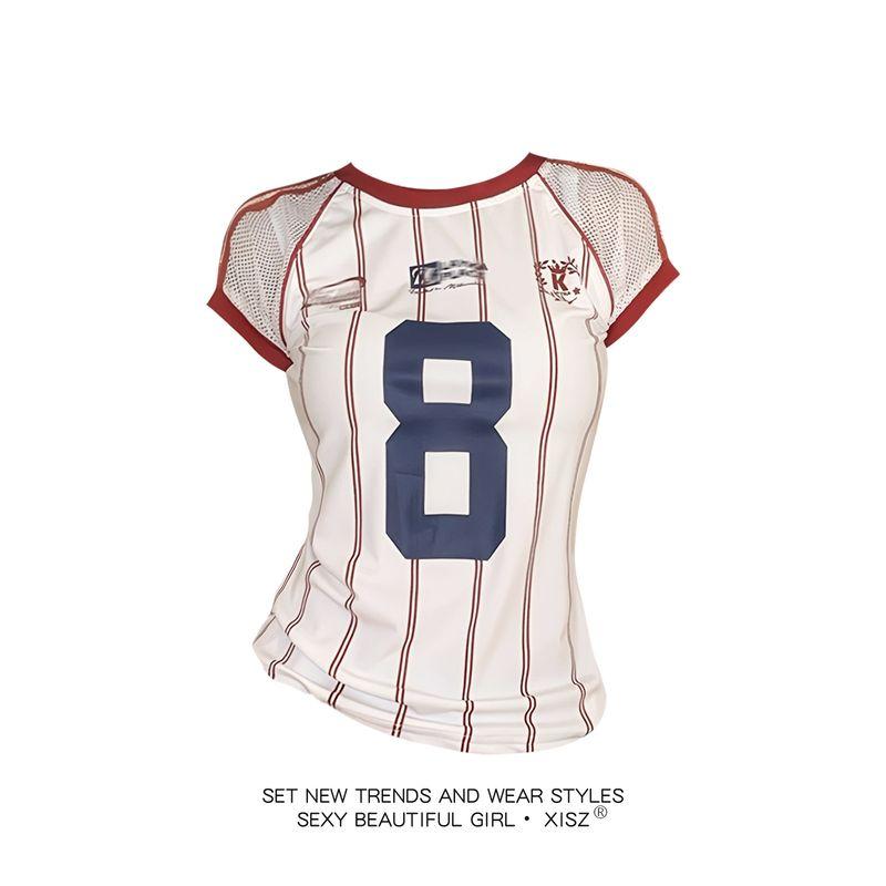 American Retro Contrasting Color Digital Printed Jersey T-Shirt for Women, Summer Sexy Style, Cool Mesh Stripesd Short-Sleeved Top