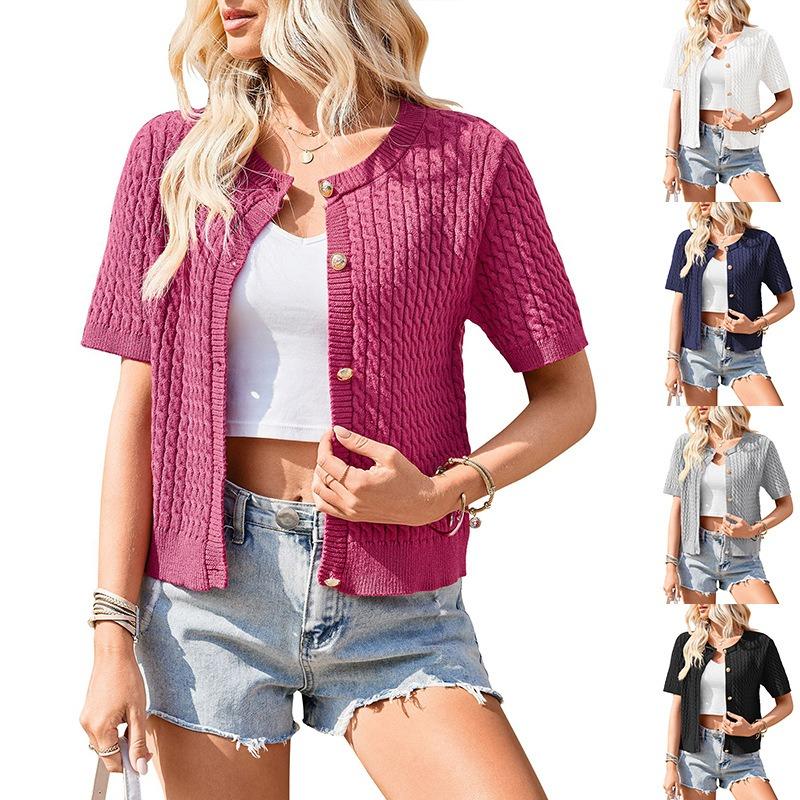 Women European Style Short Sleeve Button Front Cropped Round Neck Knitted Cardigan Sweater