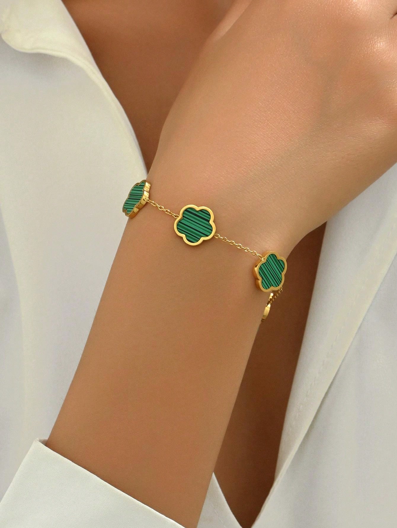 Lucky Star Jewelry Women's Black 1Piece Lucky 18K Gold Plated Stainless Steel Pentagram Flower Bracelet For Fashion Zircon