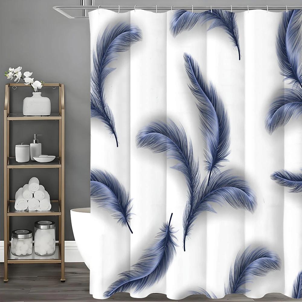 Blue Feather Shower Curtain, Bathroom Decorative Shower Curtain, Waterproof Shower Curtain with Hooks
