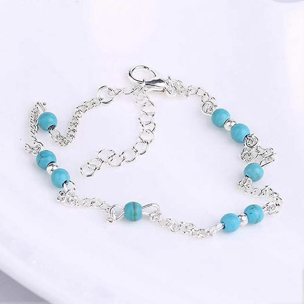 Dww-Perle Ankle Blue Silver Ankle Bracelet Chain Beach Foot Jewelry Adjustable for Women Girls