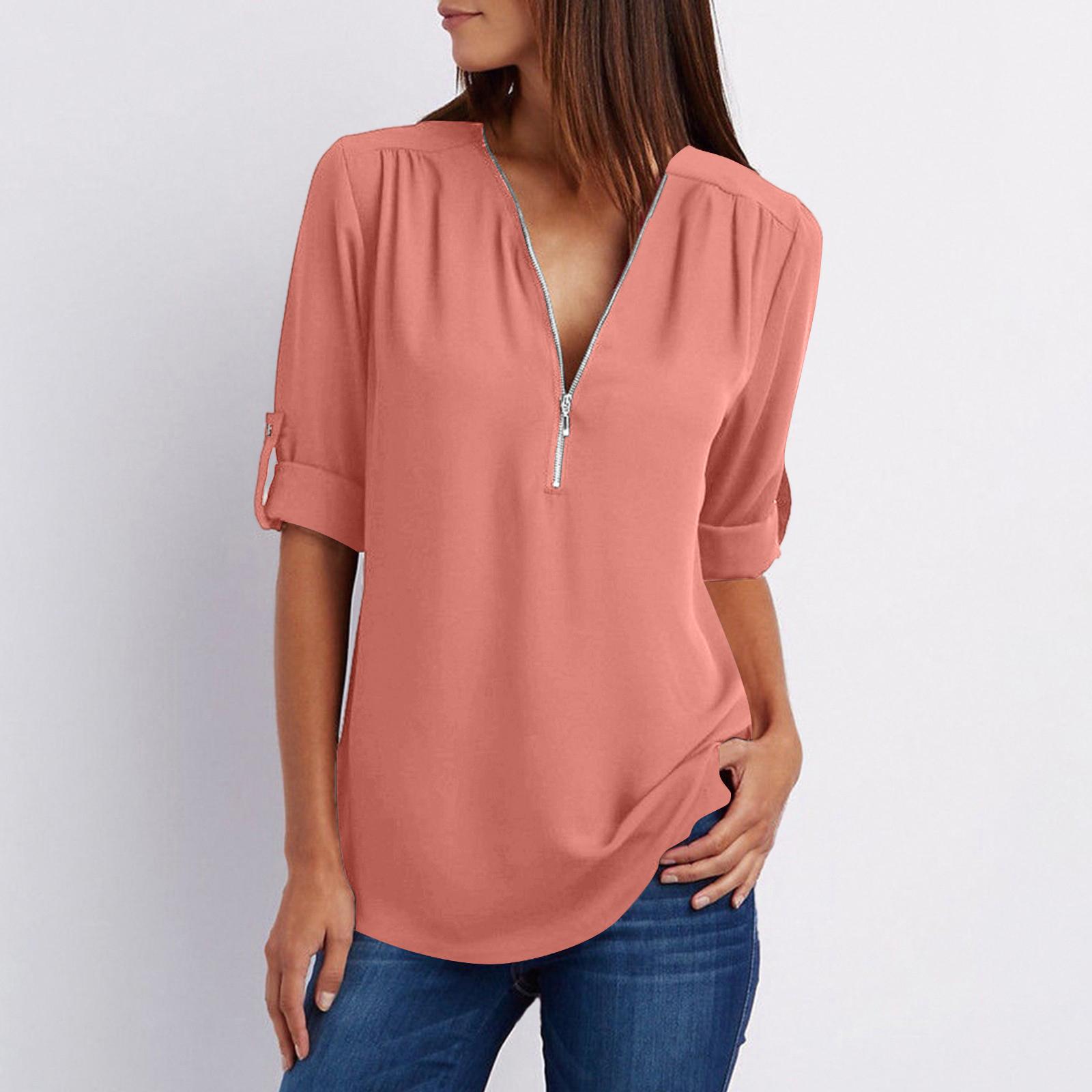 

Women s Color Casual Fashion V-neck Zipper Long Sleeved Loose Chiffon Top With Adjustable Sleeves XL кавун червоний колір