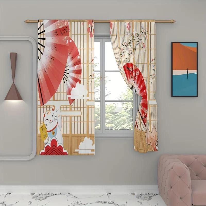 Vorhänge im japanischen Stil, Fächer-Katze, Holztür, Kirschblüten-Vorhang für Wohnzimmer, Schlafzimmer, Heimdekoration, 2 Paneele, hohe Schattierung, neu