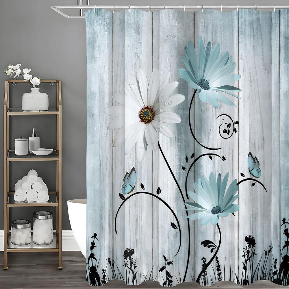 Blue White Daisy Flower Butterfly Wooden Panel Shower Curtain, Bathroom Decorative Shower Curtain, Waterproof Shower Curtain wit