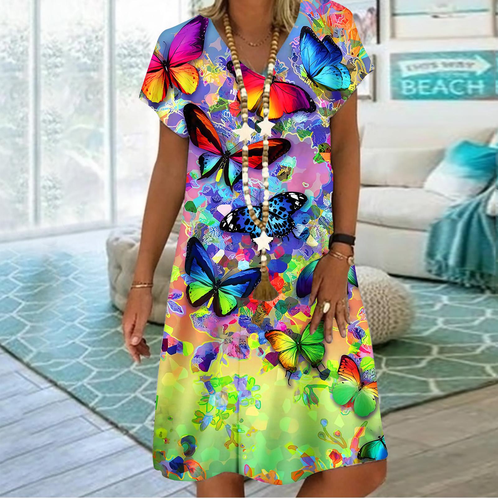 

Летнее модное платье с v-образным вырезом, женское платье с коротким рукавом и принтом бабочки, свободное повседневное платье для женщин 8XL зелёный