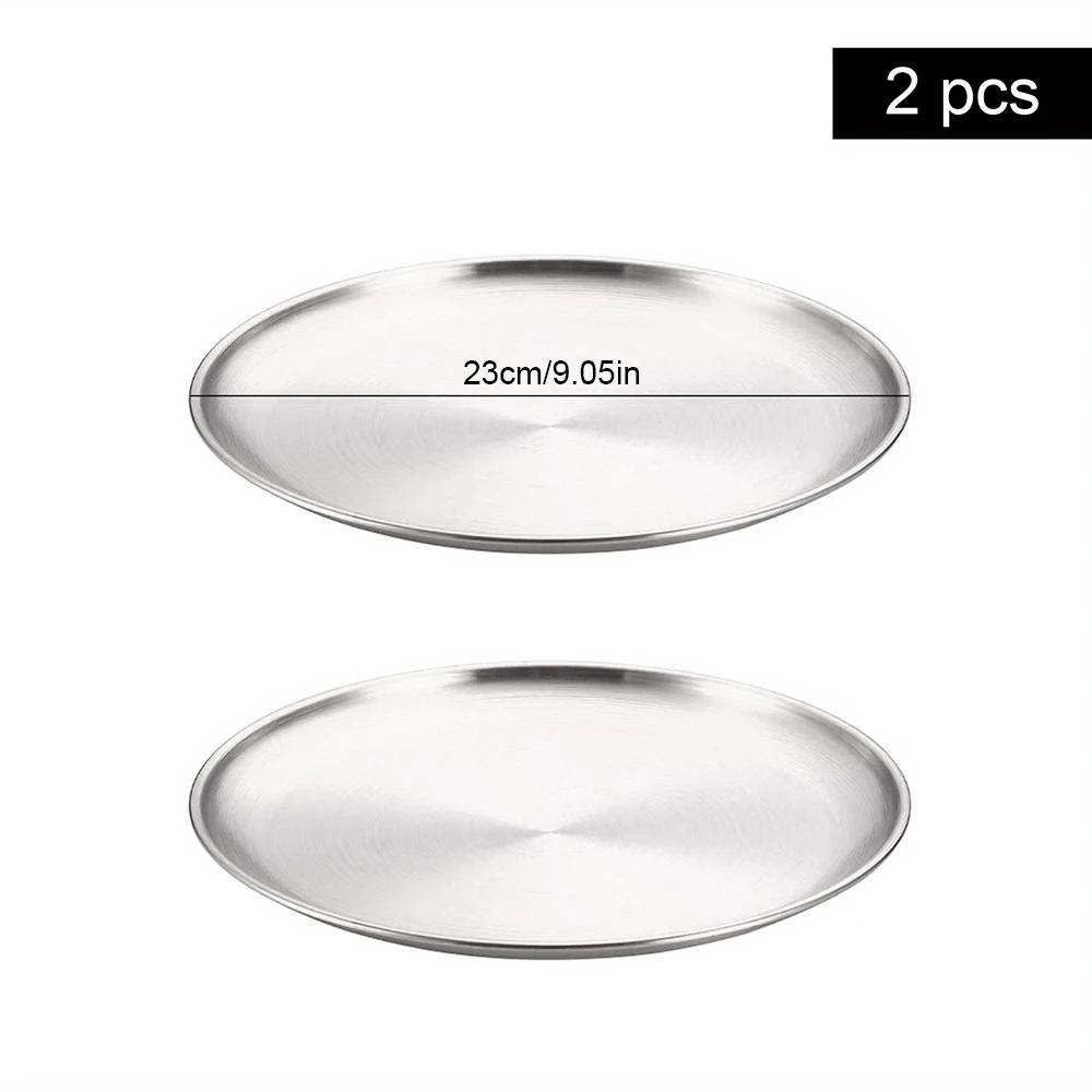 2Pcs Stainless Steel Round Plate Bone Spitting Dish Shallow Tray Metal Camping Plate Dining Disc BBQ Picnic Dishes Cookware