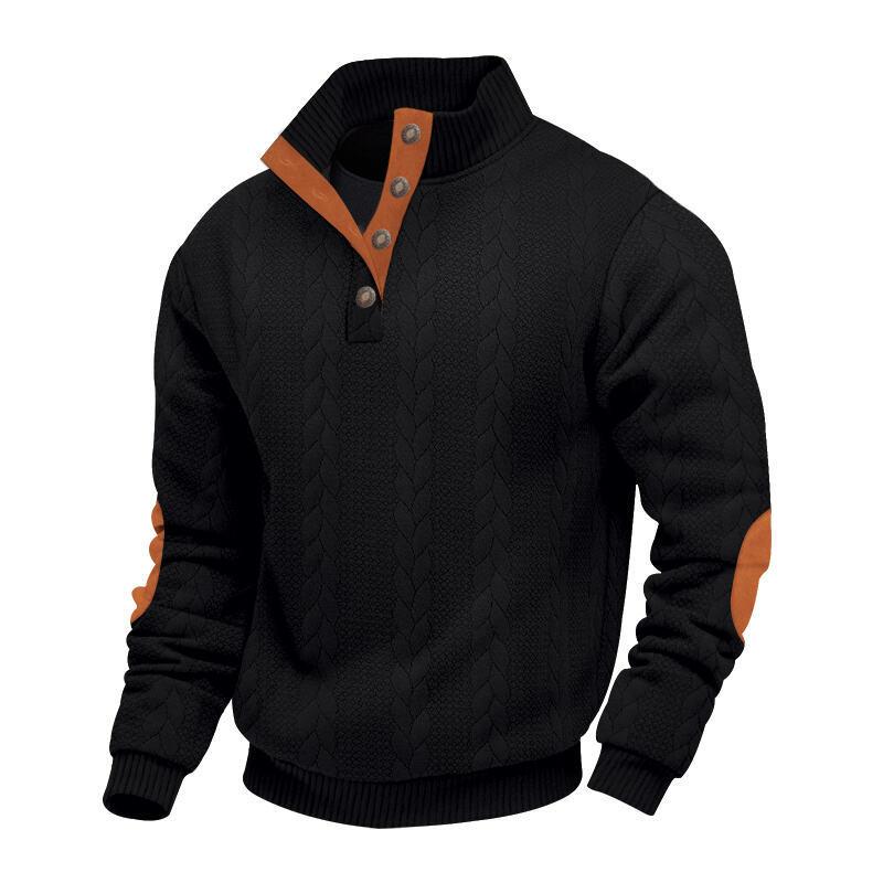Jacquard Men's Button-Down Stand Collar Patchwork Henley Long-Sleeved Casual Sweatshirt