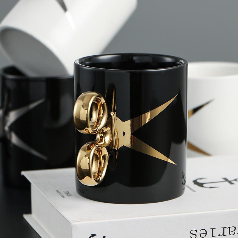 Electroplated Ceramic Coffee Cup Scissor Handle Modeling Ceramic Mug Afternoon Camellia Flower Tea Cup Home Breakfast Milk Mug