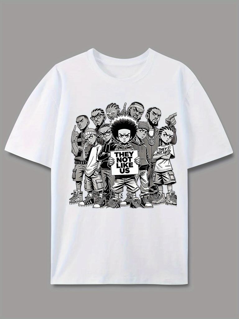 Retro Black and White Cartoon Crew Graphic Tee for Unisex Breathable 100 Cotton Perfect for Summer Streetwear and Hip Hop Vibe