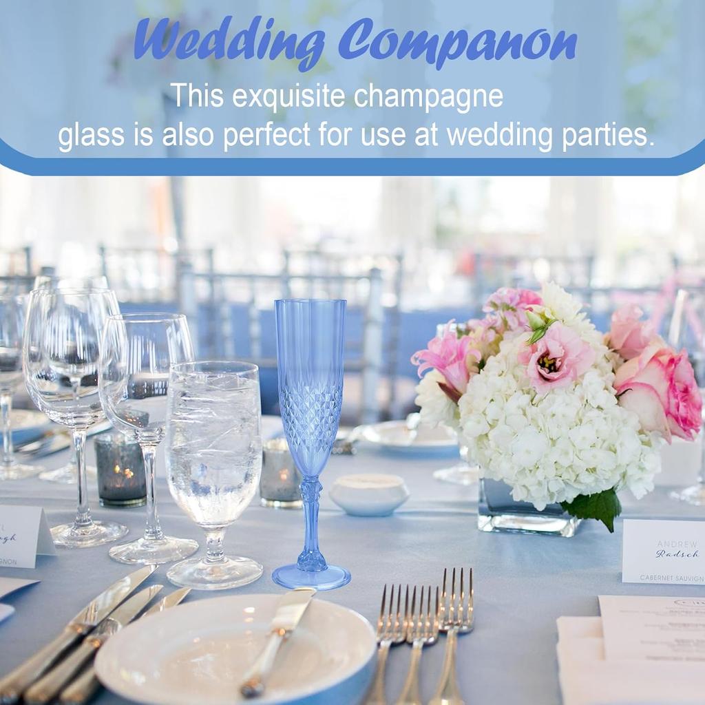24 Pcs Blue Plastic Champagne Flutes for Weddings, Parties & Everyday Use
