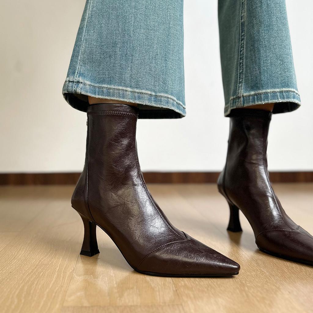 Rindsleder-Version~ Französische spitze elastische dünne Stiefel Damen 2025 dünner Absatz hoher Absatz kurze Stiefel Reißverschluss hinten Temperament einzelne Stiefel