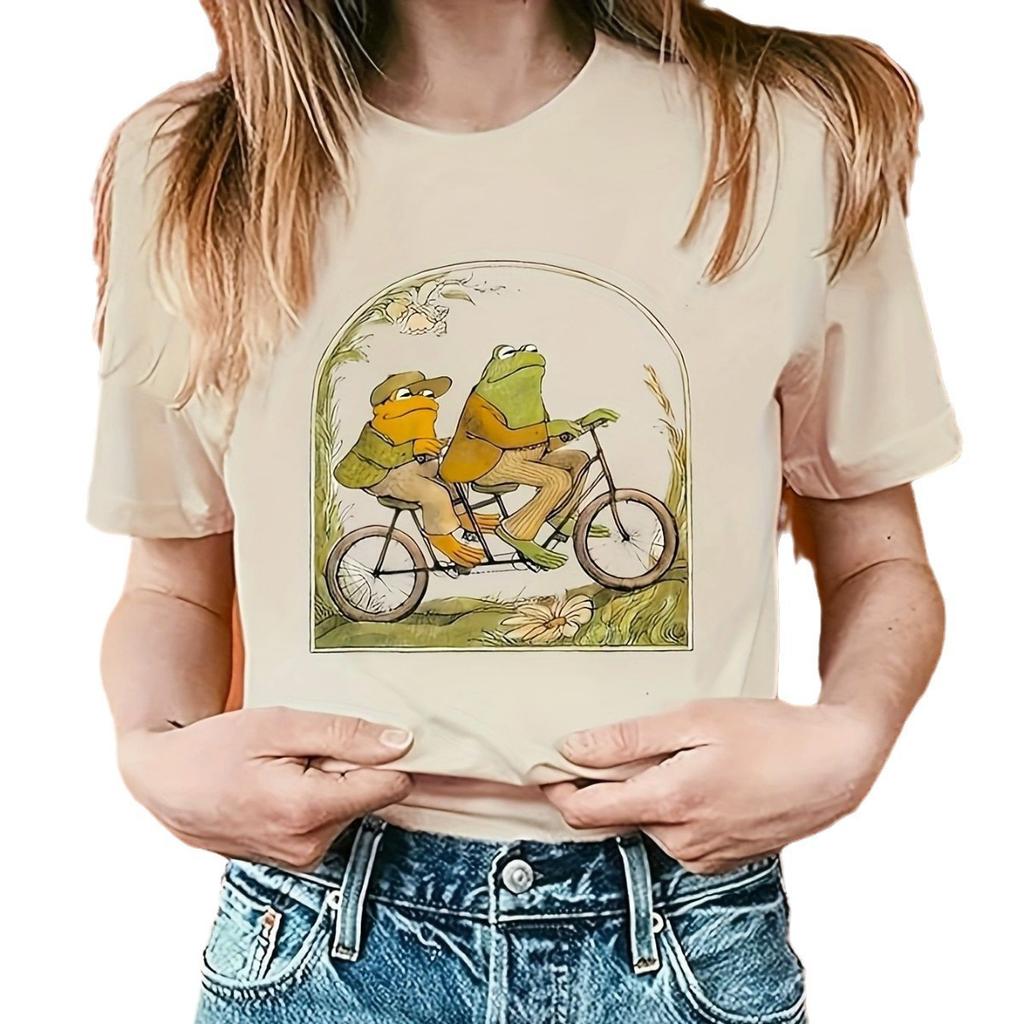 Women's Spring and Summer Frog and Toad Print Casual Loose Round Neck Short-sleeved T-shirt