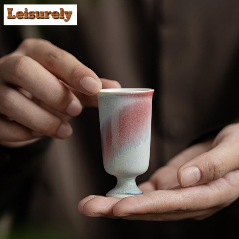 2pc/lot Aurora Kiln Change Red Teacup High Footed Tea Bowl Meditation Cup Smelling Fragrant Mug Master Cups Tea Services 30ml
