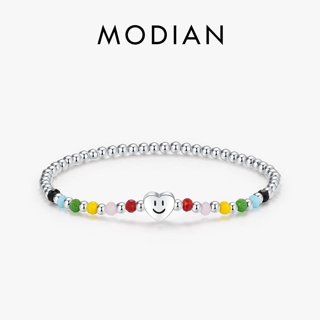 MODIAN 925 Sterling Silver Colorful Heart Love Smile Basic Beads Bracelet Adjustable Elastic Bracelets For Women Jewelry Gift