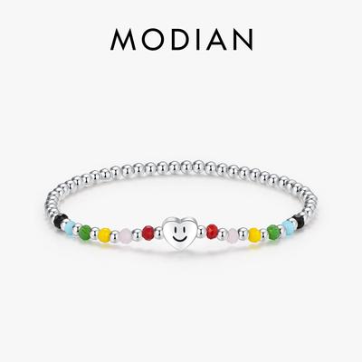 MODIAN 925 Sterling Silver Colorful Heart Love Smile Basic Beads Bracelet Adjustable Elastic Bracelets For Women Jewelry Gift