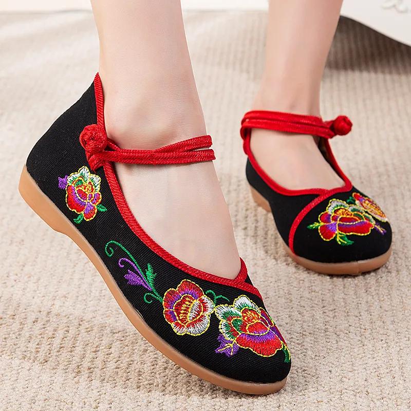 women cute sweet round toe black floral high quality canvas embroidery flat shoes lady classic black dance shoes ab667