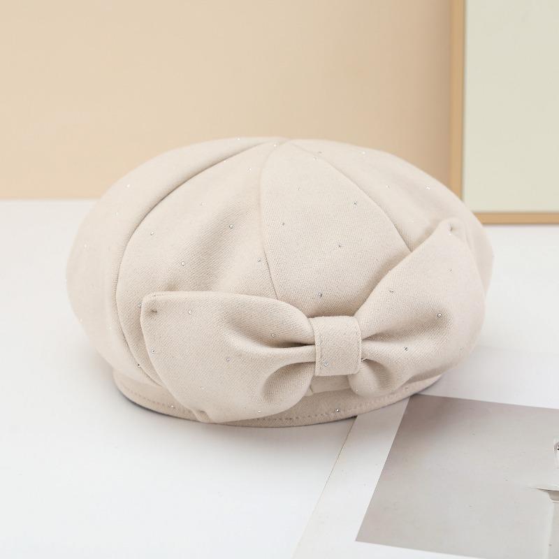 Women S Autumn Winter Rhinestone Beret Newsboy Hat Face Slimming Vintage Literary Cap