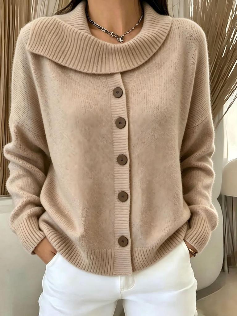 European & American Women's Knit Cardigan Sweater Coat with Irregular Lapel - Autumn/Winter Style, Solid Color, Buttoned