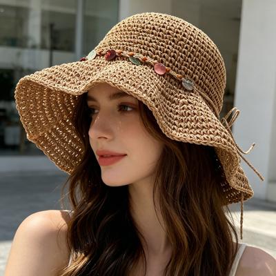 Women Hat Wide Brim Adjustable Strap Hollow Crochet Straw Hat Breathable Foldable Summer Outdoor Sun Hat