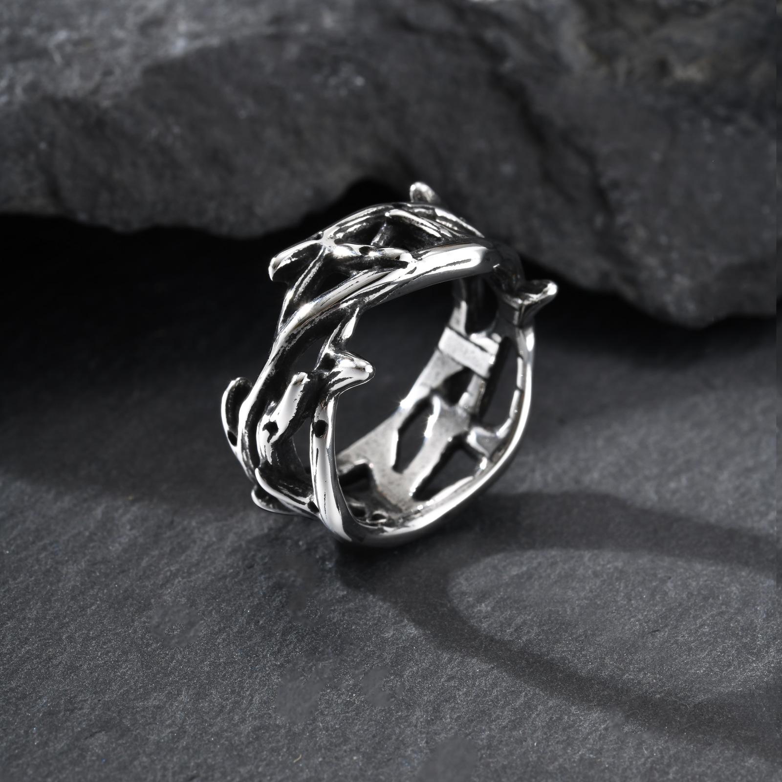 

Fashion Vintage Hollow Thorns Design Stainless Steel Charm Rings for Men, Punk Cool Popular Jewelry Accessories US size 7