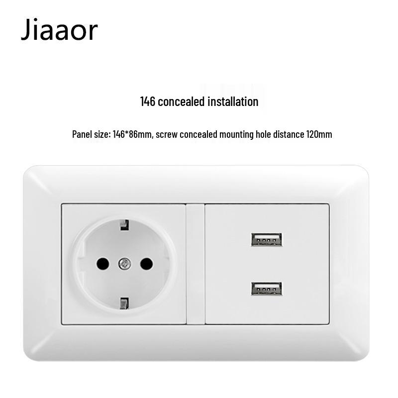 16A White German-Style Double Gang Wall Socket Panel with USB & Type C, European Standard.